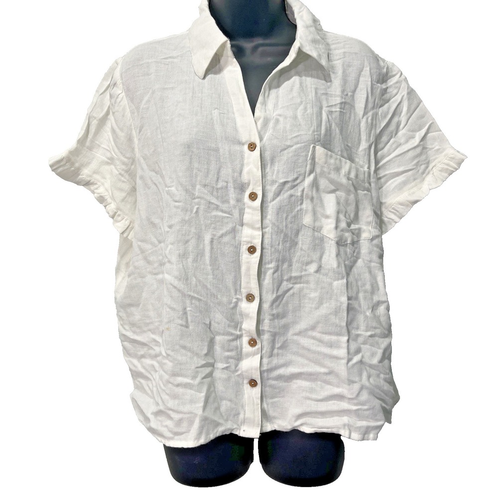 AnyBody Button Down Women Large White Linen Blend Ruffle Sleeve Short Sleeve Top